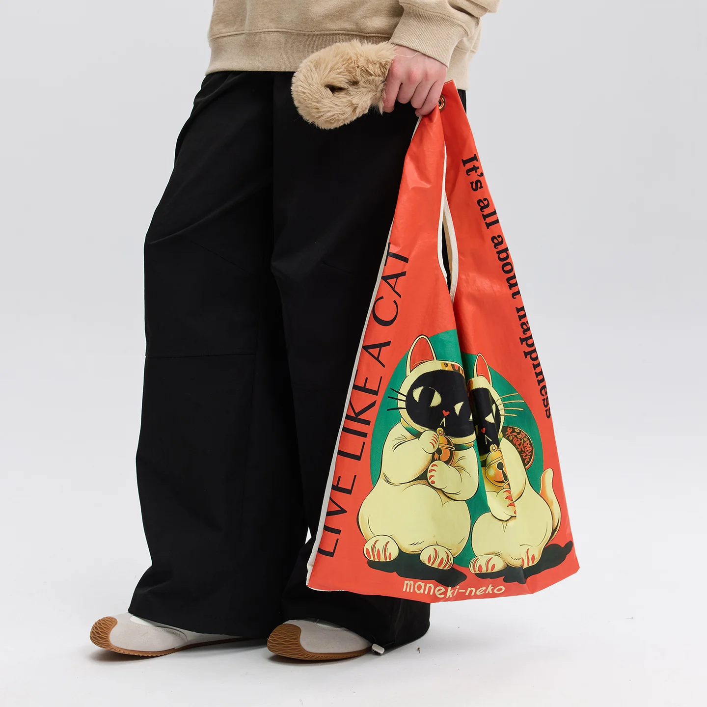 TWIN LUCKY CAT shopping bag with removable