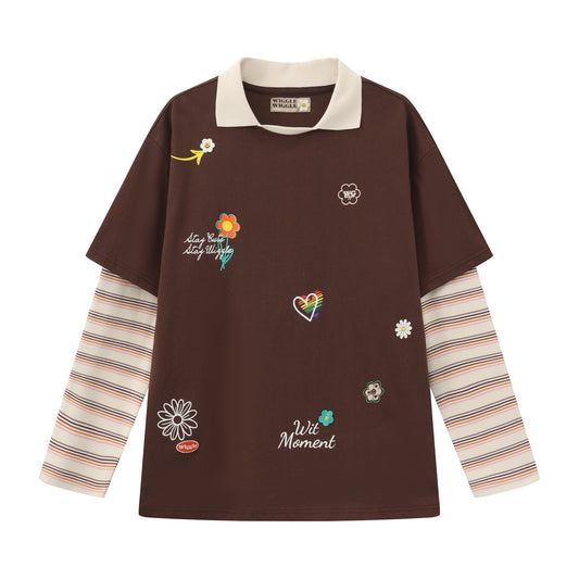 Faux Two-Piece Striped Patchwork Sleeve Long-T