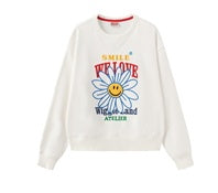 Smiley Flower Embroidered Crew Neck Sweatshirt