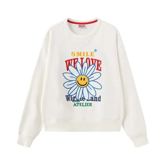 WIGGLE WIGGLE Smiley Flower Embroidered Crew Neck Sweatshirt